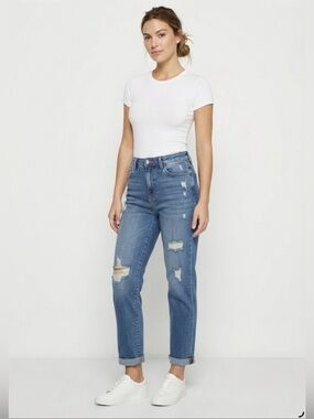 Encore Jeans High Rise Destructed Roll Cuff Straight Leg Size 7